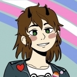 A picrew image of Alexandria with shorter hair and horns in front of a Transgender pride background.